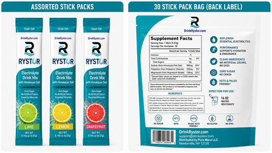 RYSTOR Electrolyte Drink Mix Variety Pack | Lime, Lemon & Grapefruit | 30 Stick Packs