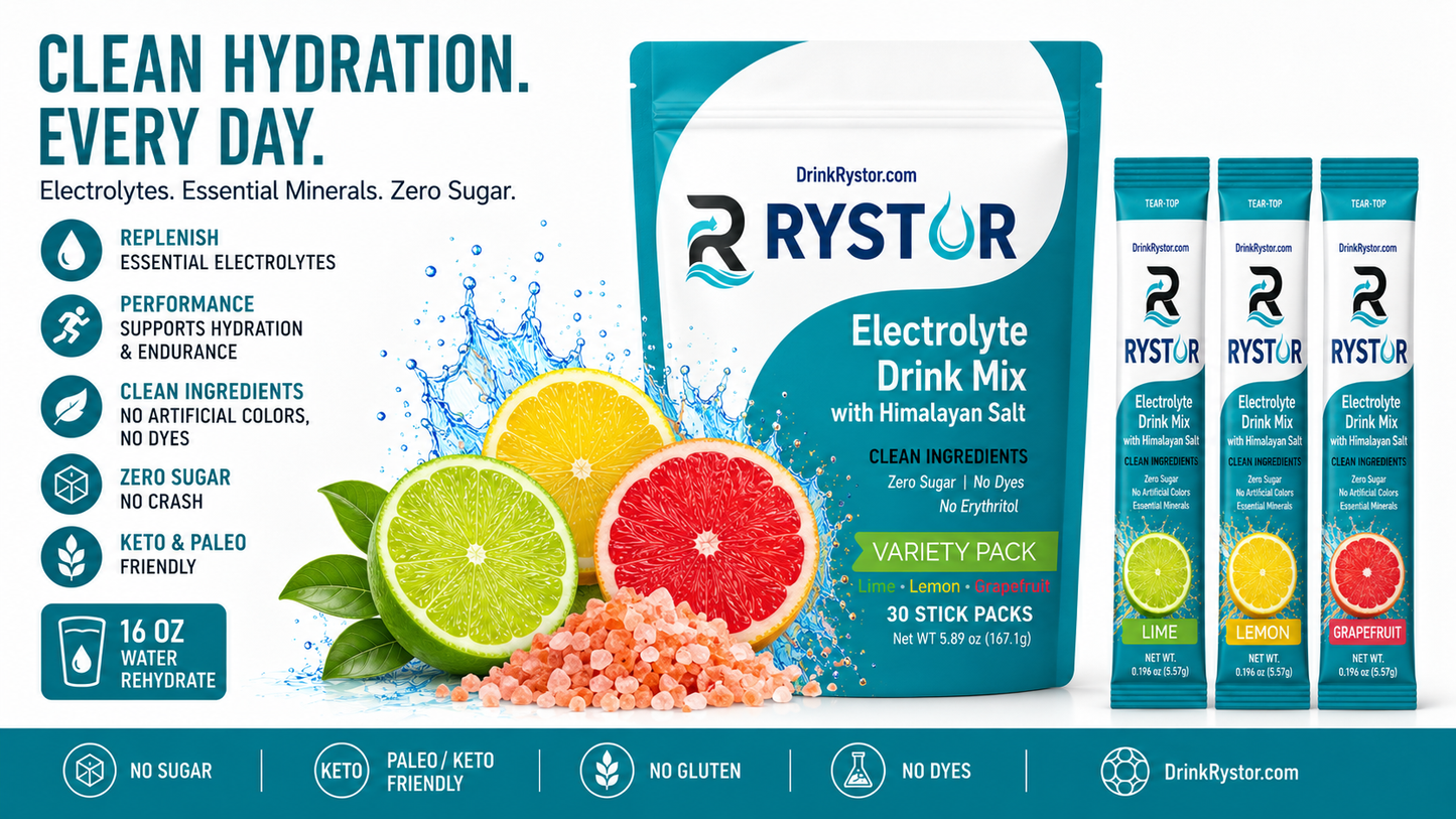 RYSTOR Electrolyte Drink Mix Variety Pack | Lime, Lemon & Grapefruit | 30 Stick Packs