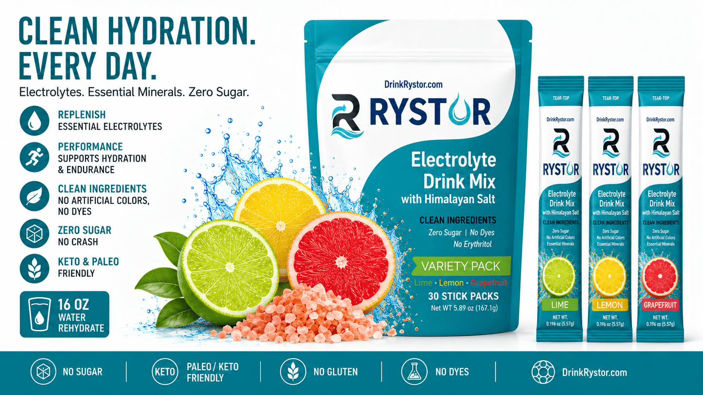 RYSTOR variety pack electrolyte drink mix with zero sugar, no artificial colors, no dyes, and keto friendly