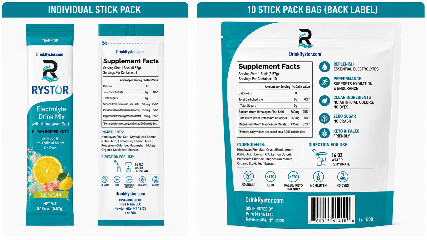 RYSTOR Electrolyte Drink Mix | Lemon | 10 Stick Packs - Rystor