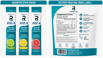 RYSTOR Electrolyte Drink Mix Variety Pack | Lime, Lemon & Grapefruit | 30 Stick Packs - Rystor
