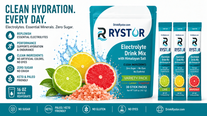 RYSTOR variety pack electrolyte drink mix with zero sugar, no artificial colors, no dyes, and keto friendly