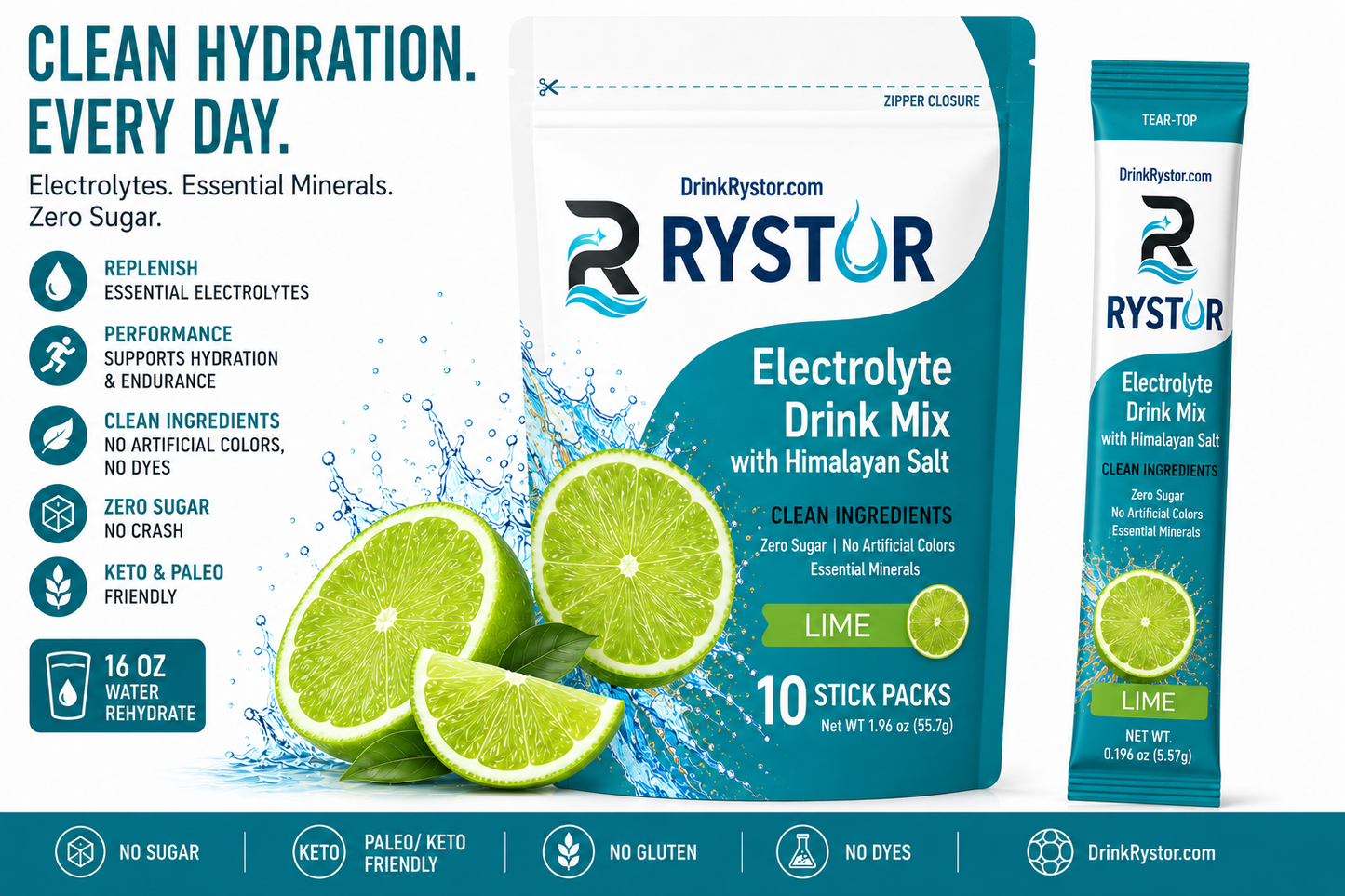 RYSTOR Electrolyte Drink Mix | Lime | 10 Stick Packs
