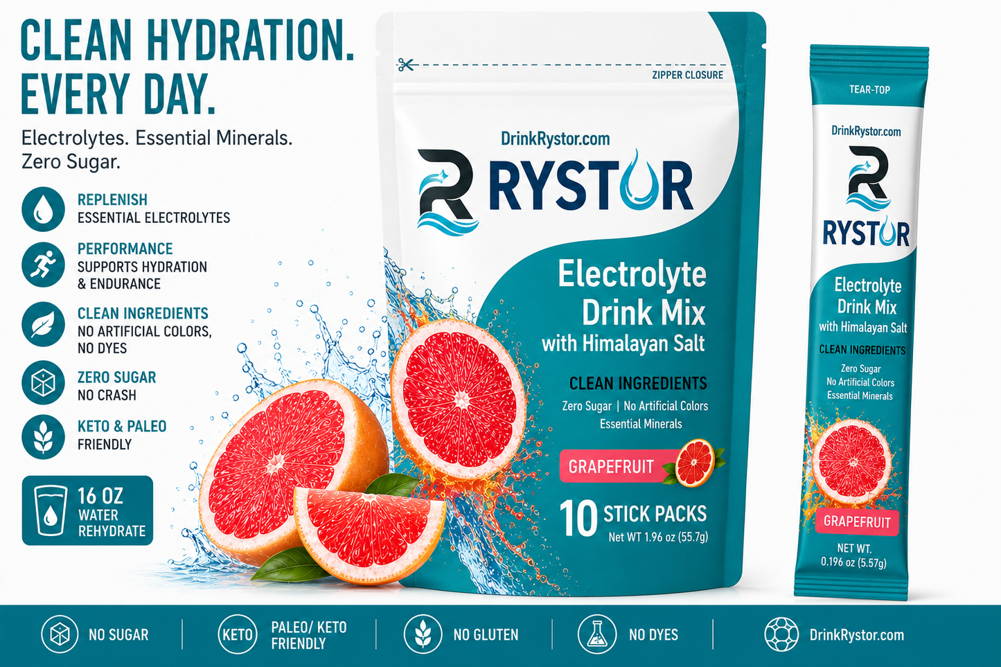RYSTOR Electrolyte Drink Mix | Grapefruit | 10 Stick Packs