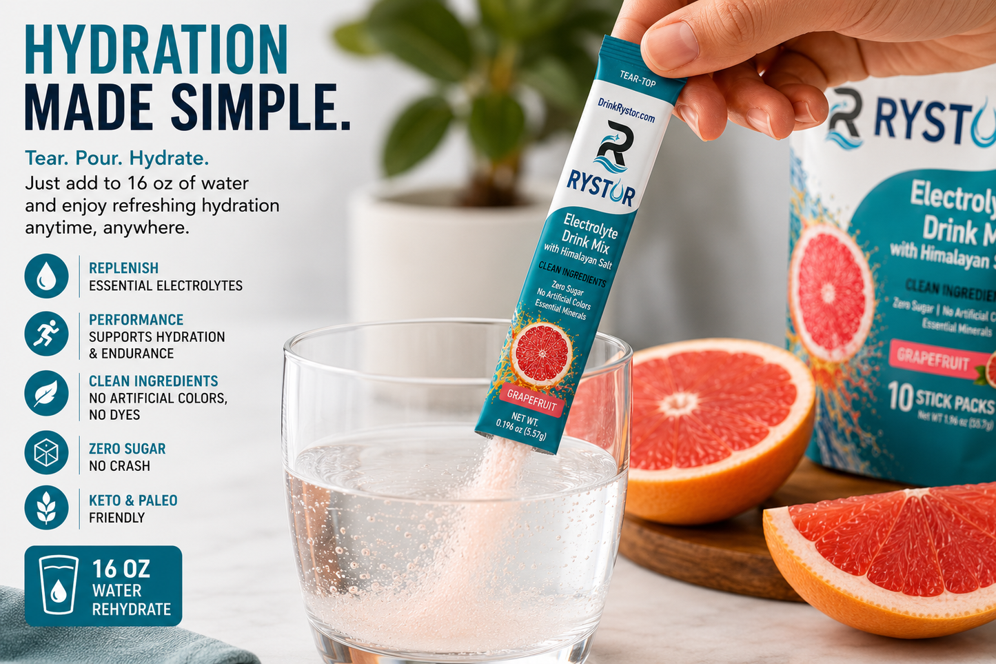RYSTOR Electrolyte Drink Mix | Grapefruit | 10 Stick Packs